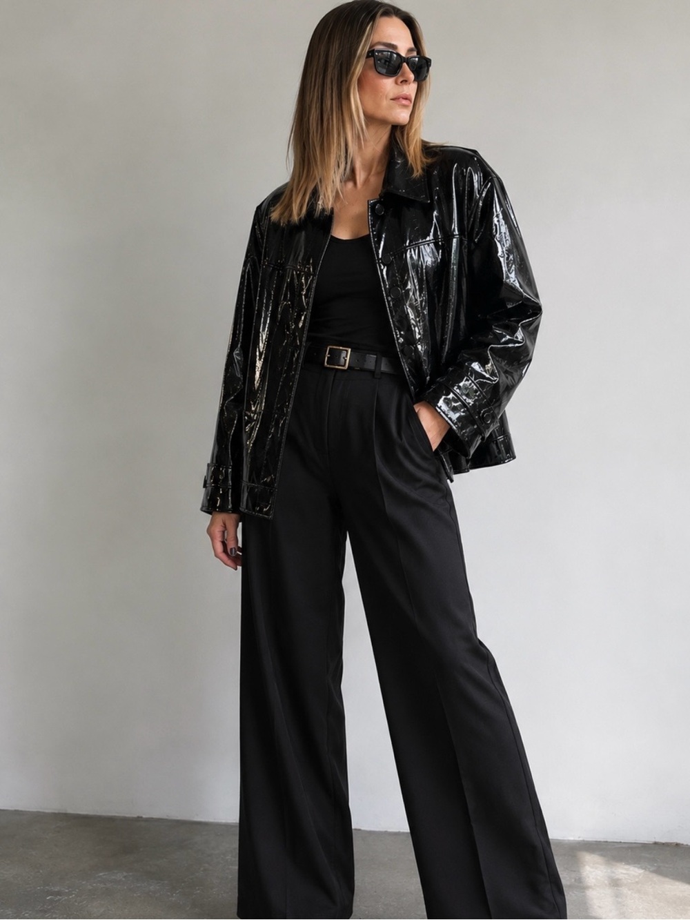 Meotine Levi Black Glossy Vegan Leather Oversized Jacket L/XL
